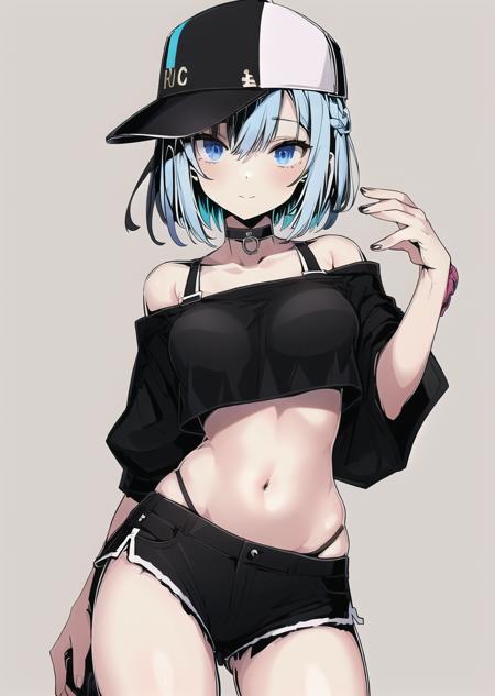 1girl, crop top, solo, shirt, black shirt, navel, hat, light blue hair, stomach, blue eyes, choker, baseball cap, looking at viewer, black choker, short hair, black headwear, midriff, multicolored hair, short sleeves, hand up, highleg, colored inner hair, breasts, off shoulder, micro shorts, cowboy shot, closed mouth, shorts, panties, collarbone, string panties, crop top overhang, underwear, two-tone hair, black panties, off-shoulder shirt, bare shoulders, thighs, highleg panties, short shorts, bra strap, black shorts, simple background, medium breasts  <lora:pitch_black_shadow:1>