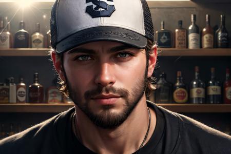 (best quality, masterpiece:1.2), photorealistic, ultra high res, (detailed skin:1), (beautifully detailed face)
man withh a beard and baseball cap, smoky bar, lens flare,