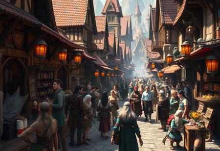 An image of a stylized and photorealistic fantasy town market, crowded with humans elves and dwarves, market stalls, 4k resolution, highly detailed