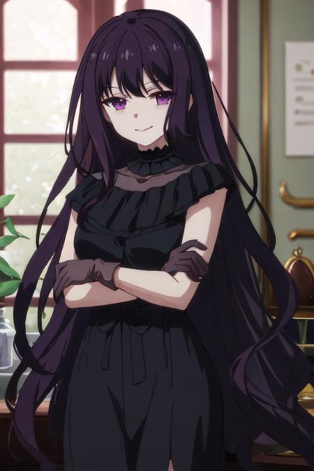 best quality, masterpiece, highres, solo, {tilty_claret_tenseioujototensaireijounomahoukakumei:1.15}, long_hair, bangs, purple_hair, purple_eyes, black_hair, blurry, 1girl, black_dress, closed_mouth, dress, smile, gloves, looking_at_viewer, very_long_hair, indoors, black_gloves, crossed_arms