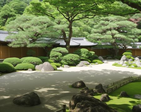 (masterpiece),(best quality),super detailed,realistic,(photorealistic),8k,(sharp focus),photo like renderings,Photo like image quality,Realistic rendering,(extremely detailed CG unity 8k wallpaper),(ultra-detailed),(best illustration),(best shadow),a garden with a gravel path in the background with trees and rocks on the ground and a gravel path,forest,grass,tree,bush,nature,scenery,no_humans,fence,outdoors,day,road,house,plant,path,bench,garden,park,building,tree_shade,chain-link_fence,sky<lora:LAttezen_garden_new_V2:0.7>,