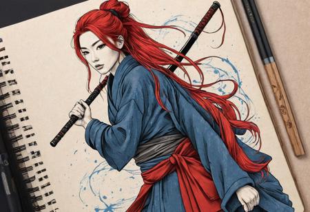 Rustic Sketchbook Style, Sketch Book, Hand Drawn, Dark, Gritty, Realistic Sketch, Rough Sketch, Mix of Bold Dark Lines and Loose Lines, Bold Lines, blending Japanese and magical elements, featuring a woman with gravity-defying long, red hair and a partially open red and blue kimono, holding a katana sword.