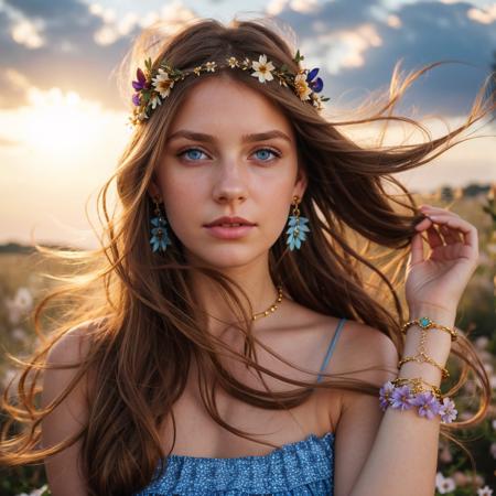 1girl, armlet, blue eyes, blurry, blurry background, bracelet, brown hair, cloud, depth of field, earrings, floating hair, flower, hair flower, hair ornament, head wreath, jewelry, lips, long hair, outdoors, realistic, sky, solo focus, sun, sunset, upper body