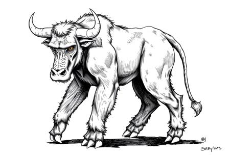 fantasy, ink art, comic style art, bull is standing with four feet, front orangutan's feet has 3 claws, muscular , looking at viewer, half side view