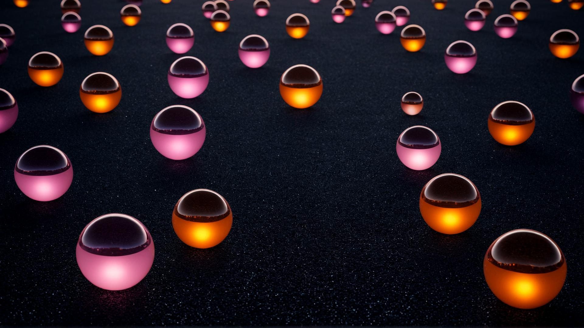 A field of glowing glass spheres, arranged in a perfect grid. The spheres glow with soft pink and orange hues, casting reflections onto a dark surface., Photorealistic, Hyperrealistic, Hyperdetailed, analog style, soft lighting, subsurface scattering, realistic, heavy shadow, masterpiece, best quality, ultra realistic, 8k, golden ratio, Intricate, High Detail, film photography, soft focus