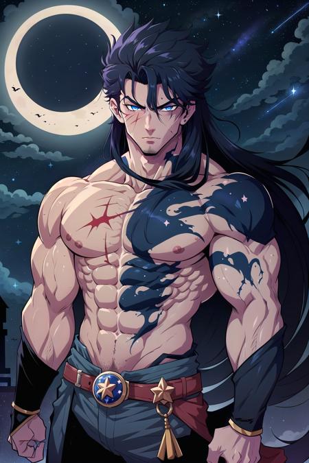 Vampires of Doom,  solo,  long hair,  looking at viewer,  blue eyes,  black hair,  1boy,  jewelry,  upper body,  male focus,  sky,  muscular,  night,  scar,  abs,  moon,  pectorals,  muscular male,  star (sky),  night sky,  full moon,  starry sky,  large pectorals,  veins,  topless male,  manly,  veiny arms, <lora:EMS-51635-EMS:0.800000>