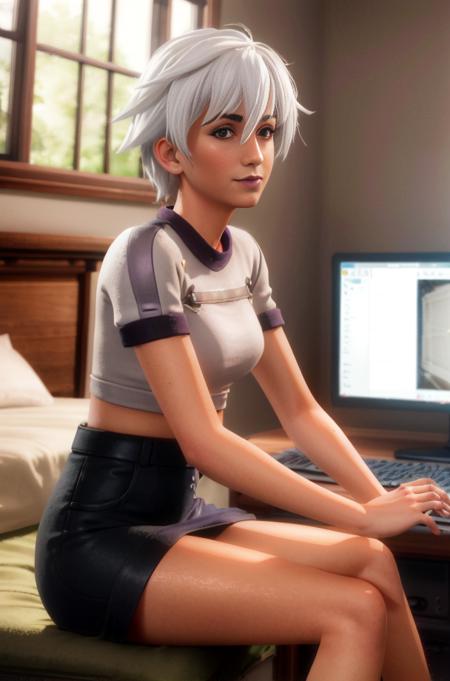 <lora:Fortnite_Highwire_1.1:0.7>, Fortnite_Highwire, T-Shirt, (Purple Skirt:1.4), Sneakers, (((interior, bedroom, sitting at a computer))), ultra realistic 8k cg, picture-perfect face, flawless, clean, masterpiece, professional artwork, famous artwork, lighting, cinematic bloom, perfect face, beautiful face, beautiful eyes, volumetric lighting, cgi, 3d, octane render, ambient occlusion