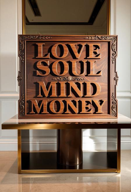 A striking, oversized wooden sign sits prominently on an elegant, polished table, radiating luxury and Italian flair. The sign is carved from rich, dark walnut with intricate, high-fashion details along the edges—sleek, modern swirls with Romanesque accents and gold-tinged geometric engravings. Stylized motifs like olive branches and grapevines add an exclusive touch, blending timeless elegance with cutting-edge style. The table itself is sleek and minimalist, made of glossy marble or polished wood, elevating the luxurious feel of the sign.
The bold, hand-carved letters on the sign, arranged over four lines—‘LOVE,’ ‘SOUL,’ ‘MIND,’ and ‘MONEY’—are written in a chic, fashion-forward script that combines elegance with a sharp, modern edge. The letters are adorned with subtle gold accents, making them shimmer as the light catches them. Set against the table, the entire display exudes the essence of high-end Italian design, like a fashion statement piece in an exclusive boutique or upscale space, where artistry meets contemporary luxury. The combination of the finely crafted sign and the sleek table creates a perfect blend of sophistication and high-fashion allure.