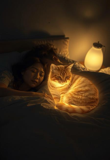 A cozy, dimly lit bedroom at night, illuminated by the soft glow of a bedside lamp. An Asian woman with delicate features and long, dark hair sleeps soundly, her head resting on a plush pillow. Beside her, a Caucasian man with short, tousled hair lies peacefully, his arm draped protectively over her. Between them, curled up on the bed, is the glowing spirit of a golden-orange tabby cat with medium-length fur. Its translucent form radiates a soft, golden light that gently reflects off the smooth cotton sheets. The cat’s fur shimmers subtly, revealing the classic tabby stripes even in its spectral state. The serene atmosphere is filled with warmth and tranquility, as the spirit of the beloved cat watches over its owners, offering comfort and an unbreakable bond that transcends life and death.