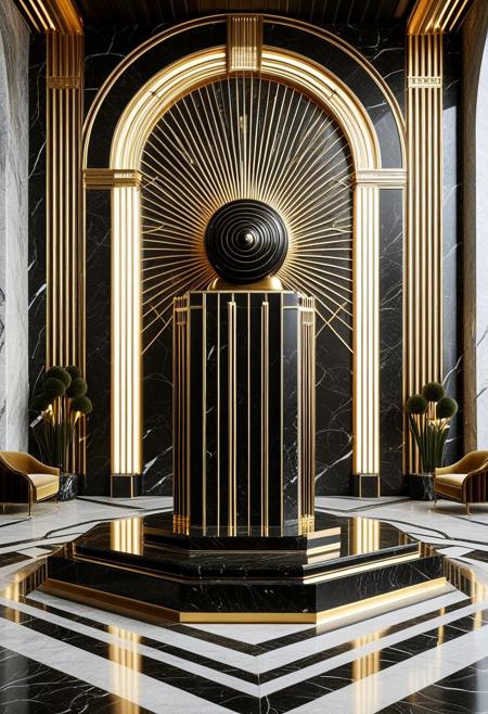 A majestic Art Deco interior featuring a monumental marble sculpture of a snail on a black marble pedestal. The snail is intricately detailed with sharp, clean golden lines forming a dense geometric grid on its body and bold concentric arcs on the shell. The background wall features a dramatic sunburst pattern in gold over dark blue marble, evoking the grandeur of a 1930s train station lobby. The atmosphere radiates opulent futurism, blending natural elegance with mechanical symbolism. Strong contrast between cold grayish marble and luminous gilded accents, perfect symmetry and theatrical lighting, The background is cool-toned gray marble, with radiant sunburst lines behind the figure. Every surface shimmers with polished metal and black stone, exuding futuristic optimism as envisioned in the opulent age of the Roaring 20s. The darkest blacks contrast with the most brilliant gold, surrounded by geometric architecture, mechanical motifs, and heroic grandeur. Elegant lighting enhances the drama. Inspired by heroic propaganda murals and luxurious train stations.