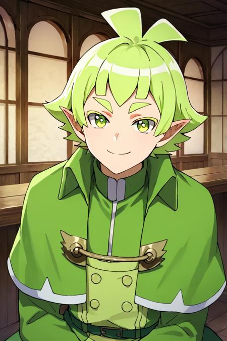 bars robin,green hair,green eyes,pointy ears, capelet Green nail Fangs