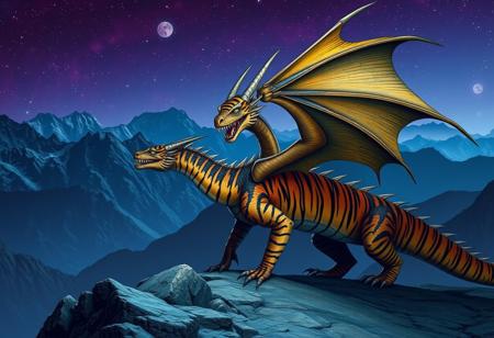 A tiger-striped dragon with sharp scales.  Two hons.  Dragon Wings.
Background mountains at night. Cosmic skyscape.  Synthwave colorscheme. Very realistic, photographic style.