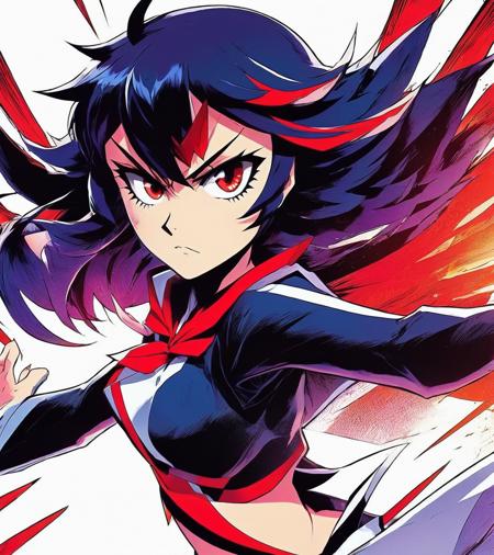 A dynamic comic illustration of Matoi Ryuuko from "Kill la Kill" bursts off the page. Matoi Ryuuko stands in a powerful pose <lora:Dall-e_3_0.3-v2-000003>