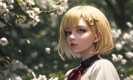 (realistic:1.2), (mksks style, detailed background) amelia watson, blonde hair, (short hair:0.6), blue eyes, bob cut, monocle hair ornament, medium breasts, (solo), (outdoors, spring:1.3)