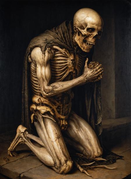 a renaissance painting of a man kneeling,horror,dreadful,ugly,death,<lora:g1g3r:0.8>,bones,teeth,<lora:add-detail-xl:1>,