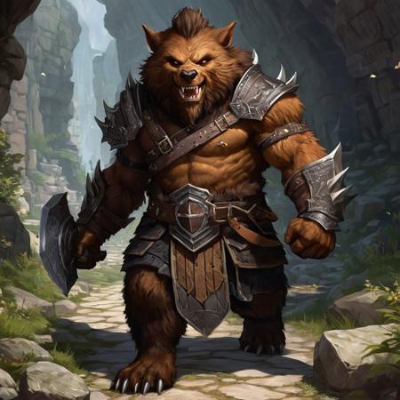 create an image of a young adult bugbear (from dnd 5e) with dark ruddy brown fur covering most of his body of light tan skin. His facial features are very angular, 
sharp, 
and goblin-like and can be very intimidating despite his efforts in smiling to appear otherwise. Incredibly strong build with disproportionately long arms. Wearing steel splint armor and wielding an adamantine glaive.
