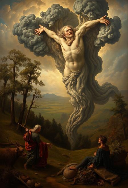 A classic oil painting depicting an epic vision of despair and supernatural torment. The style is romantic landscape, classical realism with a Pre-Raphaelite influence, showing serene rural scenes with religious and mythological themes. Rich colors and detailed brushwork create a harmonious composition with high contrast, low-key lighting, deep shadows, and visible brushstrokes.