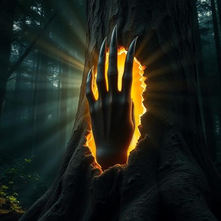 Dense forest. Mystical surroundings. Waiting for miracles. Refraction of light. Deep shadows. Powerful trunk of a large old tree. A fragment of the bark of a large old tree breaks up into large parts of the puzzle. From the trunk of a tree in the place of destruction of the bark emanates a mysterious golden radiance from which a dark four-toed hairy paw appears. Black bent pointed claws. Thin and very long phalanges of fingers. Small membranes between the fingers.