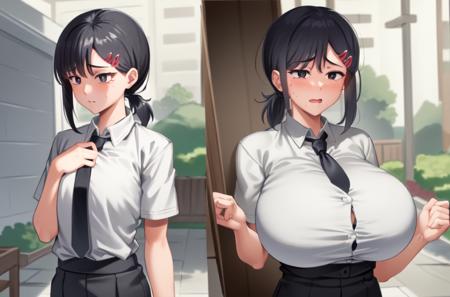 masterpiece, best quality,1girl, higashiyama kobeni,  <lora:kobeni:1>, black hair, black eyes, short hair, short ponytail, side ponytail, bangs, single sidelock, hair ornament,<lora:Breast_expansion-4_2:0.6>, (breast expansion:1.2), huge breasts, (formal:1.2), necktie,sfw