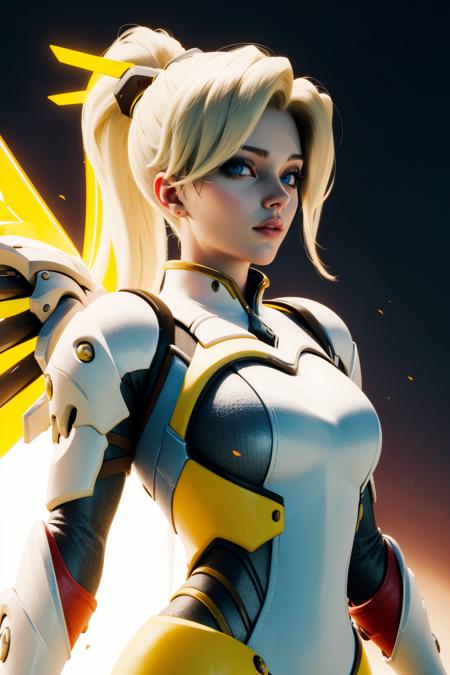 (masterpiece, best quality:1.2), intricate details, <lora:A3D_Beta:1>, 1girl, mercy (overwatch), mechanical halo, blonde hair, mechanical wings, blue eyes, lips, gloves, looking at viewer, armor, ponytail, eyelashes, makeup, standing, upper body, realistic