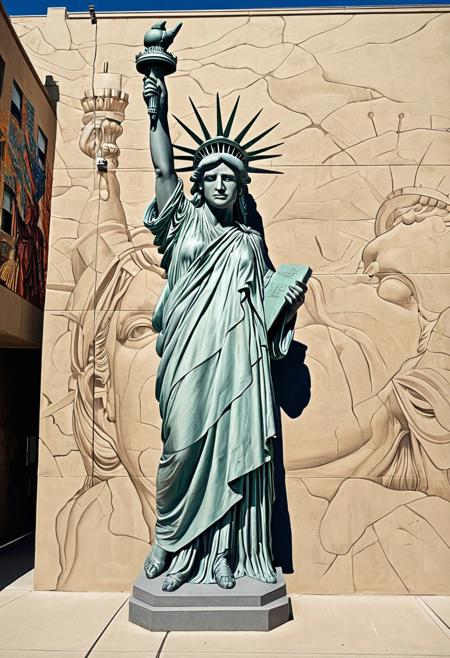 masterpiece art, tall highrise housing, the projects highrise, front view of beige color flat concrete wall with (colossal mural painted on wall:2.0), (hyper realistic painting of the Statue of Liberty also known as Lady Liberty:2.0), she is standing tall, wearing a her famous robe with beatiful intricate creases, though this image of her has been modified with alterations, she has black gaffer tape or black duct tape covering her eyes (see no evil), she has placed her beautiful hands with elegant fingers covering her ears on either side of head (hear no evil), she has black gaffer tape or black duct tape covering her mouth so she cannot speak (speak no evil), 2 feet visble, she has dropped the torch and the torch has fallen outside of the wall and onto the street below, the famous Liberty torch with a short handle is lying on it's side on the ground, surrounding the fallen torch are cracks in the street, with long shadows casted. ArsMJStyle, Colored pencil hyperdetailed realism, in the style of tim doyle