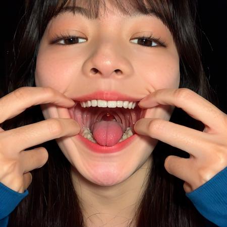 1girl, black hair, brown eyes, fingers, hands, lips, looking at viewer, open mouth, palms, realistic, simple background, solo, teeth, tongue, tongue out