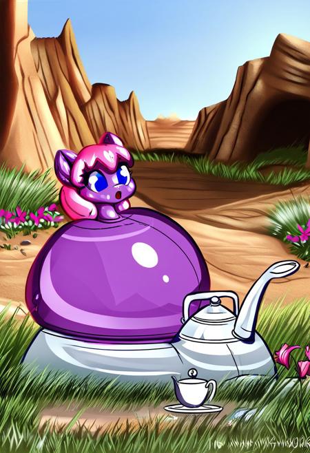 <lora:inflatables3:> inflatable, animate inanimate, (seams:1.2), glistening, glistening body, flower, grass
outdoors, canyon, desert, open mouth,  girl, dd cup size. Tea pot,  bouncy