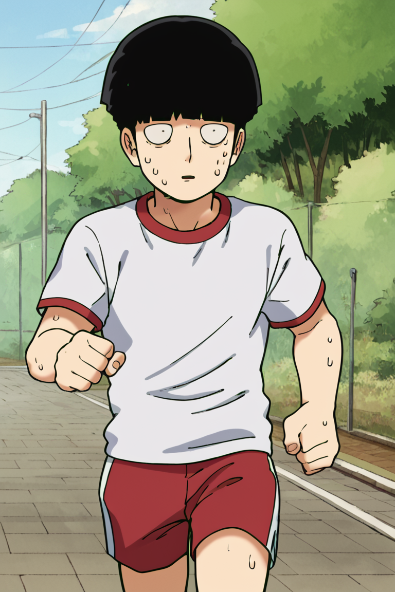 A boy with short black hair wearing a white t-shirt with red trim and red shorts, sweating profusely. He has a determined expression and clenches his fist as he runs down a paved sidewalk bordered by tall trees and other greenery.