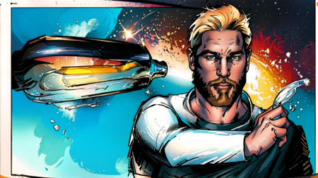 Star Lord, (masterpiece, best quality, ultra-detailed, highres),beard, 1boy, 2boys, multiple boys, drinking, 3 panels, comic book panels, bottle, facial hair, male focus, holding bottle, holding, shirt, comic, pants, blonde hair, old, white shirt, english text, drinking, black pants, old man, <lora:Star_Lord-10:1>