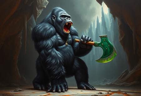 A majestic black Gorilla of the Fire Fist, rendered with rich, textured oil brush strokes in a detailed oil on canvas painting style reminiscent of Raphael, stands regally on its hind legs. Its powerful form is illuminated by dramatic lighting, possibly chiaroscuro. Its face, a masterpiece of detail showing a visceral roar, mouth wide open, is the intentional focus. A striking green axe, painted with vibrant pigments and fine detail, is held firmly in its right hand. The Ice Dragon's Prison is painted as a classical landscape, a cavern of crystalline structures with deep shadows, contrasting sharply with the subject. 4K, Exceptional Quality, More Detail, Super Detailed Face and Eyes, Handcrafted with Precision, High Quality, Sharp Lines and Brush Strokes, Stunning Colors, Harmonious Colors, Beautiful Matte Painting quality for the environment, Impeccable Composition, Creative Angle, Attractive Background, Balanced Editing, Intentional Focus, Well-timed Moment, Captivating Lighting, Raphael Style, Houdini Style (complex forms), Vivid Emotions, Beautiful Detailed Eyes, CGSociety, Artstation Trending on ArtstationHQ, Golden Ratio, Artstation hd, groundbreaking, hyperdetailed, dramatic lighting.