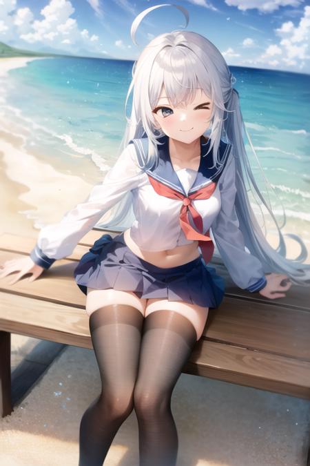 <lora:InequalitySignSmileyExpression:0.85>, (> <:1.1), (one eye closed:1.05), white hair, blue hair, silver hair, long hair, straight hair, blue eyes, cyan eyes, (black thigh length stockings:1.05), serafuku, (white shirt:1.1), long sleeves, (navy blue pleated skirt:1.1), (red tie:1.18), :>, smiling, looking at viewer, beach, horizon, sea, ahoge, (midriff:0.9), (best quality, masterpiece:1.4), 1girl