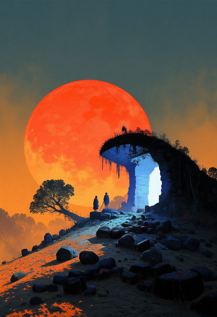 Two silhouetted figures standing on a rocky outcrop before a large glowing stone archway, observing a massive orange-red setting sun in the distance that casts warm orange and amber light across the rocky terrain. The lighting creates strong contrast between the dark silhouettes of the figures, trees, rock formations, and the blue light illuminating the interior of the arch opening. Trees and vegetation grow on top of the arch structure, with some hanging moss or vines visible along the opening's edges.