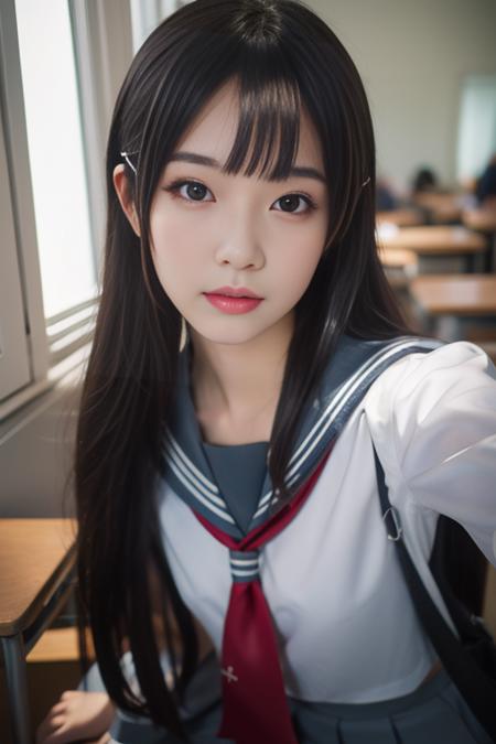 ltra-detailed,highly detailed,best quality,masterpiece,illustration,realistic,photorealistic,
llas, cosplay, 1girl, solo,
uranohoshi school uniform,
looking at viewer,
 <lora:llas_v1_05:0.7>