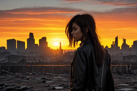 closeup of a woman wearing a [leather] jacket walking towards a sunset, a ruined city in the background, red sun, highly detailed, [cinematic]