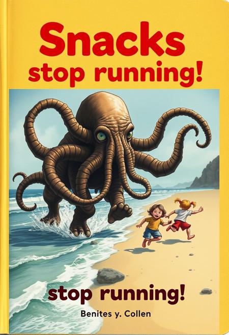 A child's golden book title "Snacks stop running!" Cover of book is Cthulhu chasing terrified children across a beach