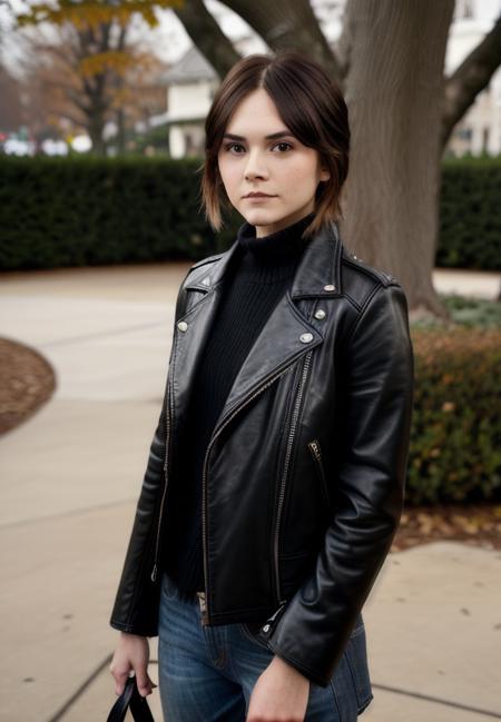 emilajones, tall, beautiful woman, outside, park, trees, fall, winters. leather jacket, jeans, hi detail, sharp focus, perfect lighting, awesome, dslr, 4k high quality. extra detail, extra sharp, magical, perfect moment, natural skin, pores