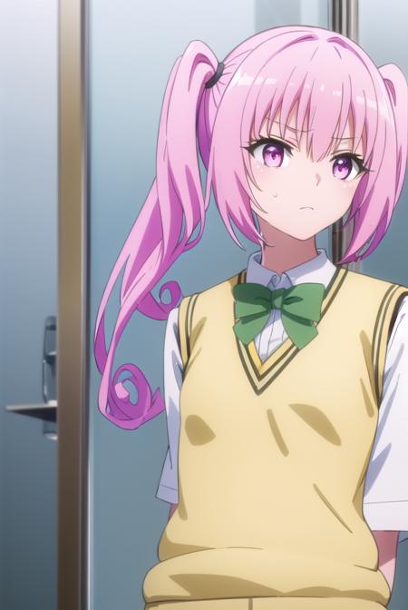 nanadeviluke, <lyco:nana deviluke darkness-lyco-nochekaiser:1>,
nana asta deviluke, fang, long hair, (pink eyes:1.5), pink hair, tail, twintails, (flat chest:1.2),
BREAK green skirt, plaid, plaid skirt, sainan high school uniform, school uniform, skirt, shirt, white shirt, sweater vest, (yellow sweater vest:1.5), short sleeves,
BREAK indoors, classroom,
BREAK looking at viewer, (cowboy shot:1.5),
BREAK <lyco:GoodHands-beta2:1>, (masterpiece:1.2), best quality, high resolution, unity 8k wallpaper, (illustration:0.8), (beautiful detailed eyes:1.6), extremely detailed face, perfect lighting, extremely detailed CG, (perfect hands, perfect anatomy),