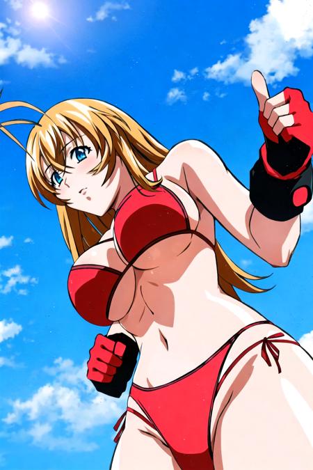 1girl, masterpice, high quality, best quality, good body, good hands and fingers, official art, (solo), dynamic angle, dynamic pose, sexy, <lora:sonsaku_hakufu-09:0.9>, fingerless gloves, red gloves, ikkitousen, hakufu, antena hair, sexy bikini,blue bikini, clouds, underboob