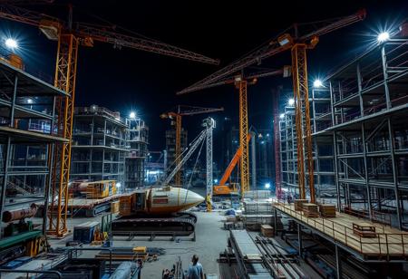 a construction site at night, with complex and intricate movements. Walking alone there is quite terrifying.