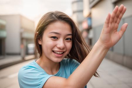 photo of a 18 year old girl,high five,happy,laughing,shirt,outdoor,windy,street,tokyo,ray tracing,detail shadow,shot on Fujifilm X-T4,85mm f1.2,depth of field,bokeh,motion blur,<lora:add_detail:1>,