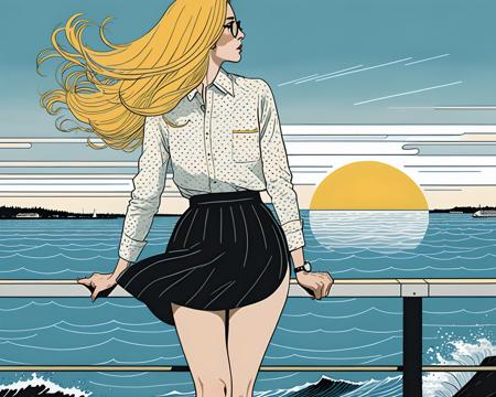 Fit, thigh gap, skirt, detailed hair, detailed hair, bright yellow hair,art by Adrian Tomine,fleeing for their lives,Radial balance, Sunrise, Water, Ellipse, ultra detailed, intricate,