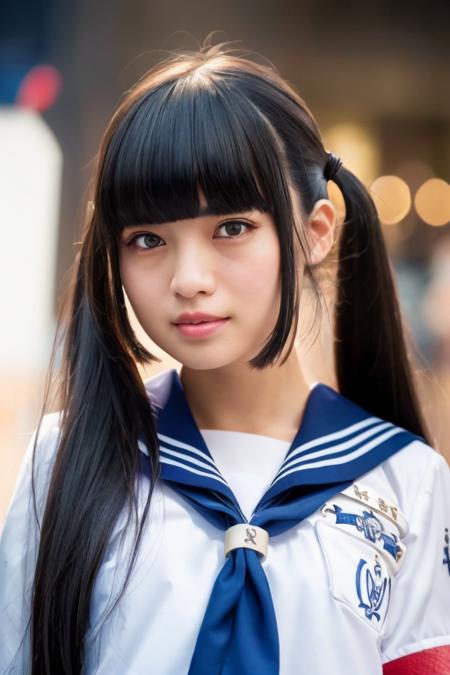 1girl,(wearing a sailor uniform:1.4),(RAW photo, best quality), (realistic, photo-realistic:1.4), masterpiece, an extremely delicate and beautiful, extremely detailed, 2k wallpaper, Amazing, finely detail, extremely detailed CG unity 8k wallpaper, ultra-detailed, highres, hard light,gritty and grainy, beautiful detailed girl, extremely detailed eyes and face, beautiful detailed nose, beautiful detailed eyes,cinematic lighting,city lights at night,(at Shibuya city center),perfect anatomy,slender body,<lora:mizyu_lora:0.7>