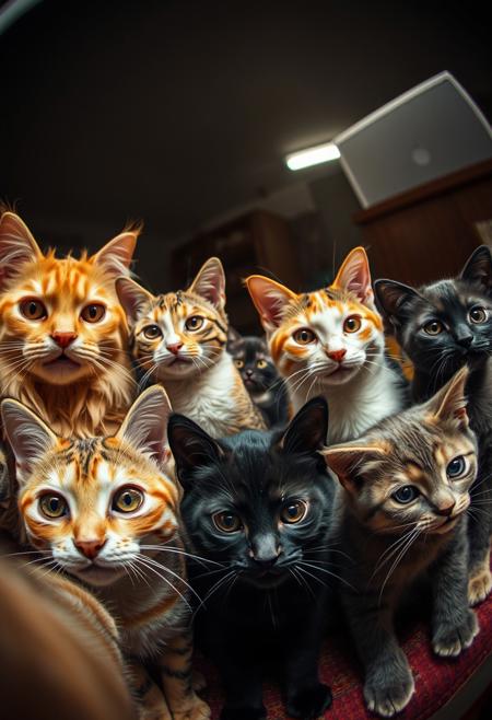 (Soft Lighting Photography by Mimoza Veliu and Mario Giacomelli:1.2), 8 cats take a selfie, including on long hair yellow cat, one orange strips cat, two 3-color cat, one black kitten, two grey kittens, and one short hair yellow kitten, in the style of fisheye effects, somber mood, strong facial expression, tilt shift . High dynamic range, vivid, rich details, clear shadows and highlights, realistic, intense, enhanced contrast, highly detailed