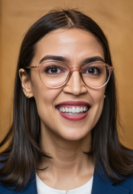 an exquisite close-up portrait photograph, 85mm medium format photo of alexandria_ocasio_cortez  wearing glasses, smiling, <lora:alexandria_ocasio_cortez_aoc_sdxl_60:0.8>