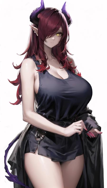 ascalon-hairstyle,horns,red hair,yellow eyes,hair over one eye,
(tank top:1.28),demon tail,
lady,mature female,
cowboy shot, 
(white background, simple background:1.08),
highres,official art,original,masterpiece,best quality,
(huge breasts),
 <lora:ascalon4 2head:0.7>