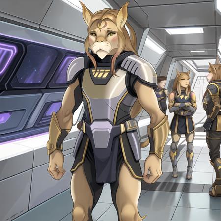 an Aslan warrior in a starship corridor <lora:aslan_v202:1>