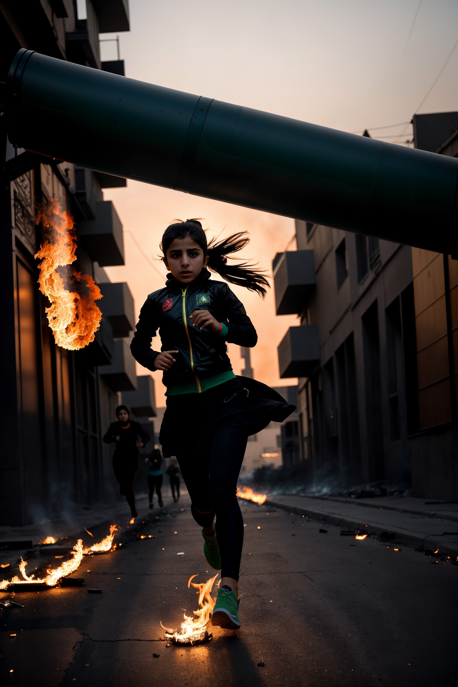Medium format dark aesthetic photo, (Iranian girl running:1.3), Chaotic street protest, Tense atmosphere, (Flames lighting...
