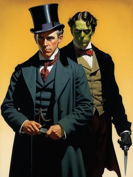 <lora:04Vintageillustration_Hap_XL:1>,Norman Rockwell style,vintage poster, A riveting digital painting featuring Dr. Jekyll splitting into Mr. Hyde, visual symbols of transformation, split personality, duality manifested in stark contrasts, vivid colors, gothic style, older masculine forms, Victorian finery, tormented face, shadow play, ultra realistic, dramatic lightingï¼