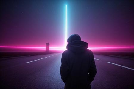 Surreal, man leaning on wall, male, HD, full, techno city, body, foreground, coat, handsome face, grin, VaporwaveAlpha, smirk, ominous, ComputerWorld, detailed city street, giant screen text