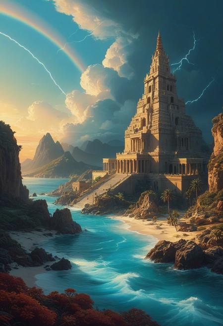 the lost city of Atlantis beneath turquoise waves, ancient and radiant, golden temples to Poseidon shimmer with orichalcum, surrounded by concentric rings of land and sea, canals carved through fertile fields, marble bridges and ivory towers gleaming, statues of kings and sea gods rise from the depths, crystalline domes and pyramids reflect a sunken glory, light dances on luminous coral and ancient machines still pulse faintly with power,
(epic landscape:1.5), (style Historical drawing), (style Historical painting), best quality, masterpiece, extremely detailed, professional art, professional painting, elegant, dynamic, delicate, great lighting, depth of field, perfect shading, side soft light, gorgeous and breathtaking, full shot, uncropped,
image style is cg render, Natural Light and Hard Edge Lighting, Retro/Vintage Effect, Gobo Lighting, Glitch and Emboss Effects, smooth Boris Vallejo, influenced by Virgil Finlay and Naoko Takeuchi,
a pristine sanctuary of myth, a vision of paradise drowned, the horizon a dream of ancient wisdom, lightning cracks above a towering cloud, polar star glowing in the sky, Atlantis sinks but lives forever in memory,
lora:psychedelic_trip:0.7, lora:EldritchRomanceIllustration1.3.1:0.5, <lora:- SDXL - vanta-black_contrast_V3.0:0.2>, lora:add-detail-xl:1, lora:detailed_notrigger:1